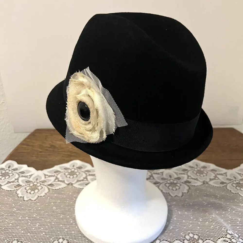 San Diego Hat Co Womens Black Felt Fedora Hat Rosette Accent One Size